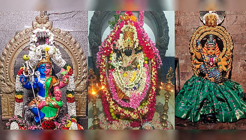வேலூர் மகா மாரியம்மன் அர்த்தநாரீஸ்வரர் அலங்காரத்திலும், கோப்பணம் பாளையம் அங்காள பரமேஸ்வரி அம்மன் , பரமத்தி வேலூர் செல்லாண்டியம்மன் சிறப்பு அலங்காரத்திலும் அருள்பாலித்த காட்சி.