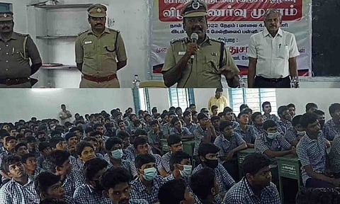 மாணவர்களுக்கு டி.ஐ.ஜி. அறிவுரை வழங்கிய காட்சி.