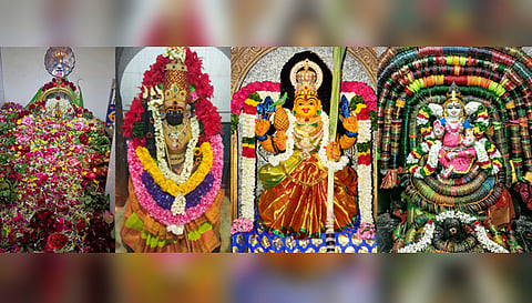 நன்செய் இடையாறு மகா மாரியம்மன், கோப்பணம் பாளையம் அங்காள பரமேஸ்வரி அம்மன், பரமத்தி வேலூர் பேட்டை பகவதி அம்மன், காவிரி ஆற்றுக்குச் செல்லும் வழியில் உள்ள மகா மாரியம்மன் சிறப்பு அலங்காரத்தில் அருள்பாலித்த காட்சி.