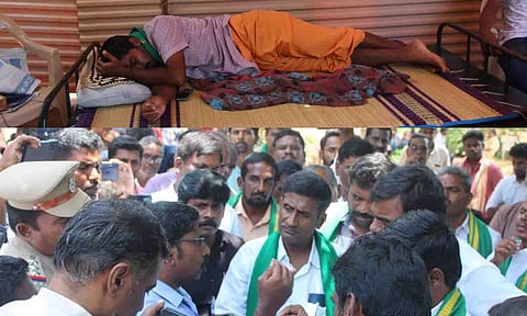 7-வது நாளாக உண்ணாவிரதம் இருக்கும் விவசாயி விஜயகுமார். விவசாயிகளுடன் இன்று அதிகாரிகள் பேச்சுவார்த்தை நடத்திய காட்சி. 