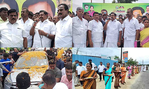  வரவேற்பு நிகழ்ச்சியில் எடப்பாடி பழனிச்சாமி பேசிய காட்சி. முன்னாள் அமைச்சர் எஸ்.பி., வேலுமணி மற்றும் பலர் உள்ளனர். பெண்கள் மலர்கள் தூவி உற்சாக வரவேற்பு அளிக்கப்பட்ட காட்சி.