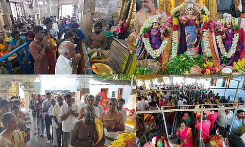 திருப்பூர் வீரராகவப்பெருமாள் கோவில் மற்றும் உடுமலை பெரிய கடை வீதியில் உள்ள நவநீதகிருஷ்ணன் கோவிலில் நடைபெற்ற சிறப்பு வழிபாட்டில் பங்கேற்ற பக்தர்கள். 