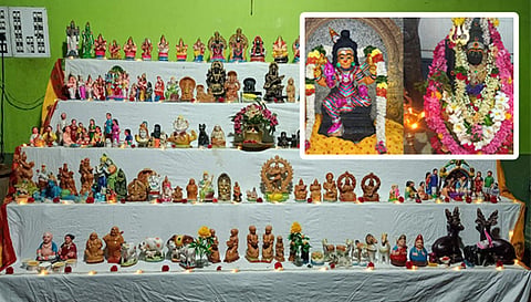 பேட்டை பகவதி அம்மன் கோவிலில் கொலு வைக்கப்பட்டுள்ள காட்சி. சிறப்பு அலங்காரத்தில் அம்மன்.