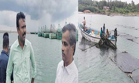 சின்னமுட்டம் மீன்பிடி துறைமுகத்தில் கடல் பாசி வளர்க்கும் திட்டத்தை கலெக்டர் அரவிந்த் பார்வையிட்டு ஆய்வு செய்தபோது எடுத்த படம் 