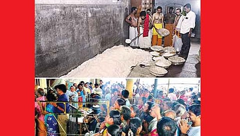 ஐப்பசி மாத பவுர்ணமியை முன்னிட்டு சிவன் கோவில்களில் இன்று அன்னாபிஷேகம் நடைபெற்றது. மதுைர இம்மையிலும் நன்மை தருவார் கோவிலில் அன்னாபிஷேகத்தை முன்னிட்டு ஸ்தல அர்ச்சகர் தர்மராஜ் சிவம் தலைமையில் 110 படி சாதம் தயார் செய்யப்பட்டு சிவனுக்கு படைக்கப்பட்டது. அன்னாபிஷேக அலங்காரத்தை காண திரண்ட பக்தர்கள்.