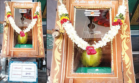 சிவன்மலை கோவில் ஆண்டவன் உத்தரவு பெட்டியில் இளநீர், தென்னை ஈக்குமாறு வைத்து பூஜை