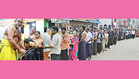மதுரை மேலமாசி வீதி ஆனந்த அய்யப்பன் கோவிலில் பக்தர்களுக்கு மாலை அணிவிக்கப்பட்டதையும், மாலை அணிவதற்காக பக்தர்கள் நீண்ட வரிசையில் காத்து நின்றதையும் படத்தில் காணலாம்.