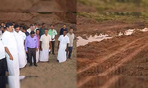 அமைச்சர் மு.பெ.சாமிநாதன் தடுப்பணை கட்டும் பணியினை தொடங்கி வைத்த காட்சி. 