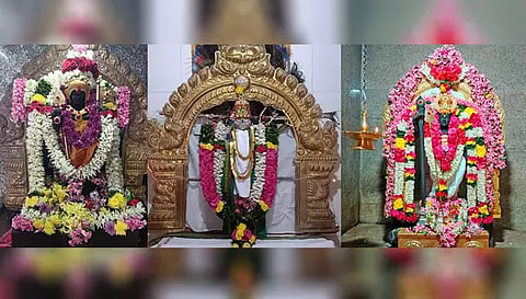 பரமத்தி வேலூர் பேட்டை பகவதி அம்மன் கோவில் உள்ள முருகப்பெருமான், அனிச்சம் பாளையத்தில் வேல்வடிவில் உள்ள சுப்பிரமணியர், பிலிக்கல் பாளையம் அருகே கரட்டூரில் உள்ள விஜயகிரி பழனி ஆண்டவர் சிறப்பு அலங்காரத்தில் அருள்பாலித்த காட்சி.