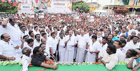 திருப்பரங்குன்றத்தில் அமைப்பு செயலாளர் ராஜன் செல்லப்பா தலைமையில் ஆர்ப்பாட்டம் நடந்தது. அருகில் இளைஞரணி மாவட்ட செயலாளர் வக்கீல் ரமேஷ், ஒன்றிய செயலாளர் நிலையூர் முருகன் மற்றும் பலர் உள்ளனர்.