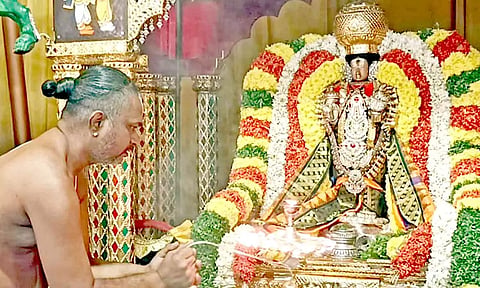 சிறப்பு அலங்காரத்தில் அருள்பாலித்த சாமிக்கு ஆரத்தி காண்பிக்கப்பட்டது.