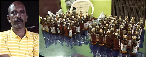 கைது செய்யப்பட்டவரையும், பறிமுதல் செய்யப்பட்ட மதுபாட்டில்களையும் படத்தில் காணலாம்.