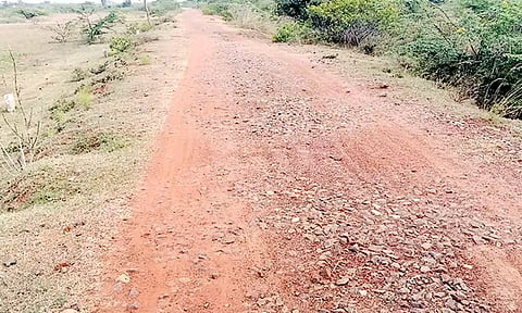 ஜல்லிக்கற்கள் பெயர்ந்து கிடக்கும் நவலூர்-ராயமுண்டான்பட்டி சாலை.