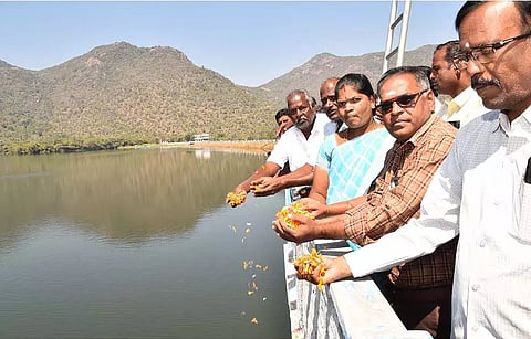  வாணியாறு நீர்த்தேக்கத்திலிருந்து புதிய, பழைய ஆயக்கட்டு பகுதிகளின் பாசனத்திற்காக பொதுப்பணித்துறை உதவி செயற்பொறியாளர் ஆறுமுகம் மலர் தூவி தண்ணீர் திறந்து வைத்தார்.