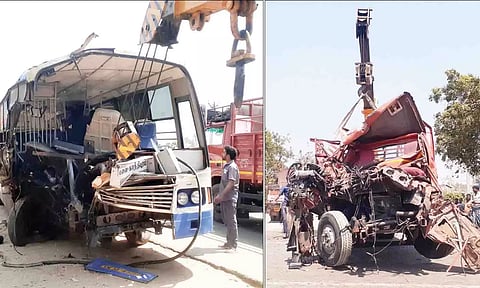 விபத்துக்குள்ளான வேன்-அரசு பஸ். 