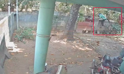காம்பவுண்டு சுவர் ஏறி குதித்து செல்லும் மின்வாரிய ஊழியர்.