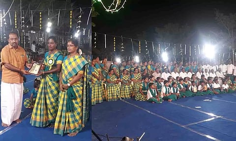 விழாவில் பெண் நிர்வாகிகளை பாராட்டி காங்கயம் மகாராஜா குரூப் நிறுவன அதிபர் ராக்கியப்பசாமி வாழ்த்து மடல் வழங்கிய காட்சி. 