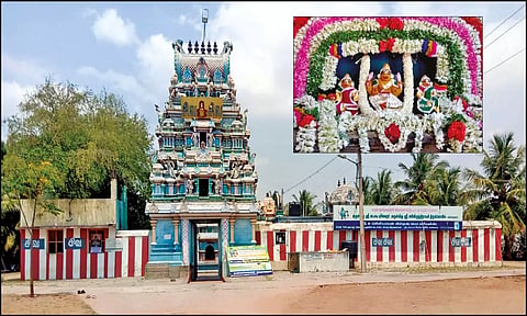 விளங்குளத்தில் திருமண கோலத்தில் காட்சி தரும் சனீஸ்வரர். விளங்குளம் அட்சயபுரீஸ்வரர் கோவிலின் முகப்பு தோற்றம்.