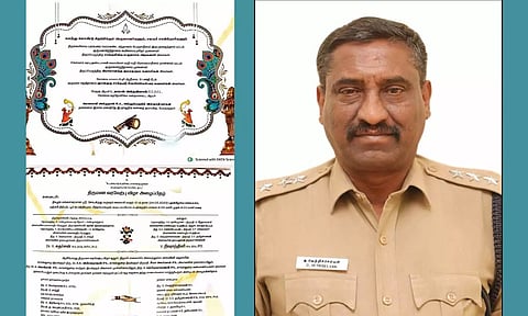 மும்மத குருமார்களின் பெயர்களுடன் அச்சடித்துள்ள திருமண அழைப்பிதழ் மற்றும் டி.எஸ்.பி.வெற்றி செல்வன். 