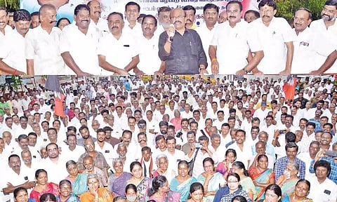 ஆர்ப்பாட்டத்தில் திருப்பூர் மாநகர் மாவட்ட செயலாளர் பொள்ளாச்சி ஜெயராமன் எம்.எல்.ஏ. பேசிய போது எடுத்த படம்.