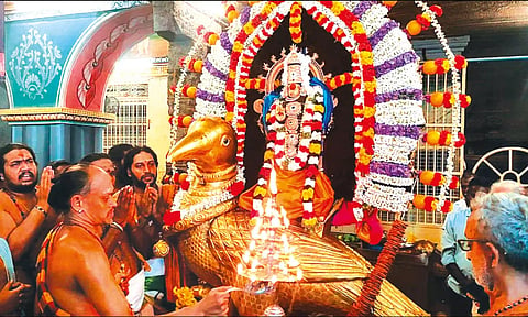 தங்க காக வாகனத்தி்ல் சிறப்பு அலங்காரத்தில் சனீஸ்வரர் எழுந்தருளிய காட்சி.