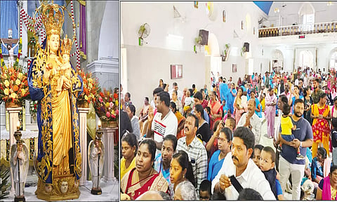 பனிமய மாதா சொரூபம் வழிபாட்டுக்காக வைக்கப்பட்டுள்ளதையும், திருப்பலியில் பங்கேற்றவர்களையும் படத்தில் காணலாம்.