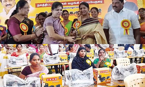 நிகழ்ச்சியில் பயனாளிகளுக்கு நலத்திட்ட உதவிகளை கனிமொழி எம்.பி., வழங்கிய காட்சி. அருகில் அமைச்சர் கயல்விழி செல்வராஜ், திருப்பூர் தெற்கு மாவட்ட தி.மு.க. செயலாளர் இல.பத்மநாபன் மற்றும் பலர் உள்ளனர். 