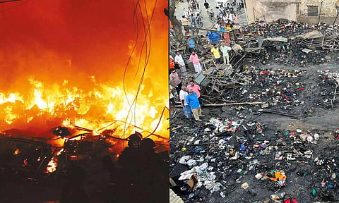காதர்பேட்டை பனியன் பஜார் சுவடே தெரியாமல் முற்றிலும் எரிந்து நாசமாகி உள்ளதை படத்தில் காணலாம்.