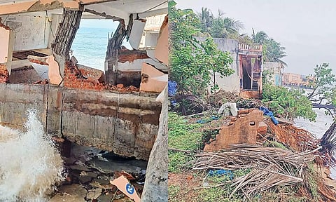 மீனவ கிராமத்தில் கடல் அரிப்பால் 10 வீடுகள் இடிந்து விழுந்தது- கிராம மக்கள் மறியல் செய்ய முயற்சி