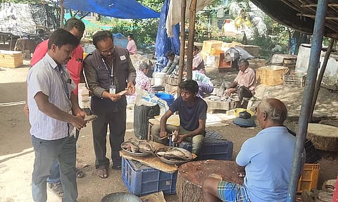 பாலக்கோடு மீன் மார்க்கெட்டில் அதிகாரிகள் ஆய்வு செய்த காட்சி.