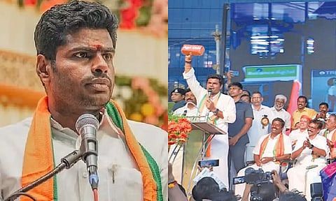குமரி சங்கமம் நிகழ்ச்சியில் பாரதிய ஜனதா தலைவர் அண்ணாமலை செங்கலை தூக்கி காட்டி பேசிய காட்சி.