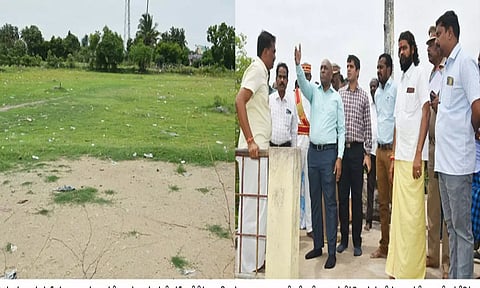 மேல்மலையனூர் அங்காளபரமேஸ்வரி அம்மன் கோவிலில் தற்காலிக பஸ் நிலையம் அமைய உள்ள இடத்தை மாவட்ட கலெக்டர் பழனி ஆய்வு செய்தபோது எடுத்த படம்.