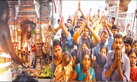 சனீஸ்வரருக்கு தீபாராதனை காண்பிக்கப்பட்டதையும், பக்தர்கள் தரிசனம் செய்ததையும் படத்தில் காணலாம்.