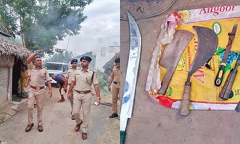 ரவுடிகளின் வீடுகளில் போலீசார் சோதனை நடத்தி காட்சி, பறிமுதல் செய்யப்பட்ட ஆயுதங்கள். 