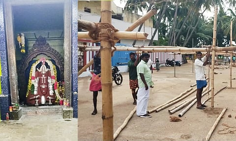 திருவிழாவை முன்னிட்டு குச்சனூர் சனீஸ்வர பகவான் கோவில் முன்பு பந்தல் அமைக்கும் பணி நடைபெற்றபோது எடுத்த படம்.