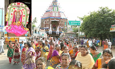 தேரை பெண் பக்தர்கள் மட்டுமே வடம் பிடித்து இழுத்து சென்ற காட்சி. (உள்படம் : சிறப்பு அலங்காரத்தில் அறம் வளர்த்த நாயகி அம்மன்)