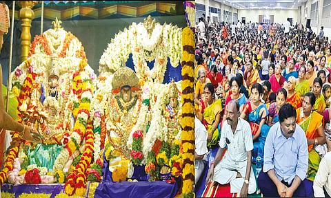 திருக்கல்யாணம் நடைபெற்றதையும், நிகழ்ச்சியில் கலந்து கொண்ட பக்தர்கள் கூட்டத்தையும் படத்தில் காணலாம்.