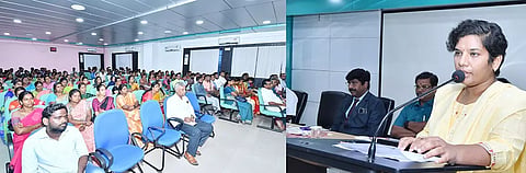  பேராசிரியர்களுக்கான பயிற்சி கருத்தரங்கில் கலெக்டர் பேசியபோது எடுத்த படம்.