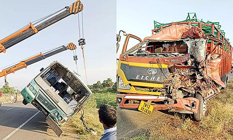 கிரேன்கள் மூலம் அரசு பஸ் மீட்கப்பட்ட காட்சி - சரக்கு லாரியின் முன்பகுதி சேதமடைந்திருப்பதை காணலாம் 