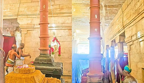 வைத்தமாநிதி பெருமாள் கோவிலில் இன்று காலை கொடியேற்றம் நடந்தபோது எடுத்தபடம்.