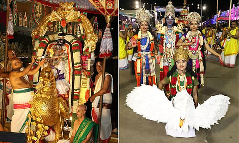 திருப்பதியில் நேற்று இரவு மாட வீதியில் அம்ச வாகனத்தில் ஏழுமலையான் உலா வந்த காட்சி