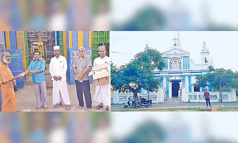 மதநல்லிணக்கத்தை வலியுறுத்தி இஸ்லாமியர் இந்து கோவில், கிறிஸ்தவ ஆலயத்தில் இனிப்புகள் வழங்கிய காட்சி.