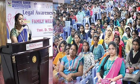 கருத்தரங்களில் நீதிபதி திரிவேணி பேசிய காட்சி.