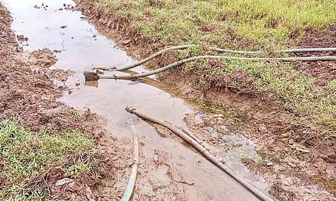 தேங்கிய தண்ணீரை மோட்டார் வைத்து வயலுக்கு இறைக்கும் விவசாயிகள்.