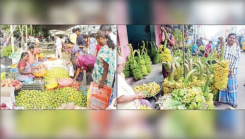 சேலத்தில் ஆயுத பூஜையையொட்டி பழங்கள், வாழைக்கன்றுகள் விற்பனை விறுவிறுப்பாக நடந்தது.