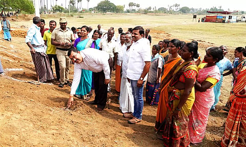 விழாவில் கலந்து கொண்ட கலெக்டர் ரவிச்சந்திரன் பனைவிதைகளை நட்ட காட்சி. அருகில் ஆலங்குளம் யூனியன் சேர்மன் திவ்யா மணிகண்டன் உள்ளார்.