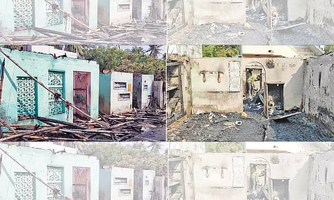 தீ விபத்தில் சேதமான குடிசை வீடுகள்.