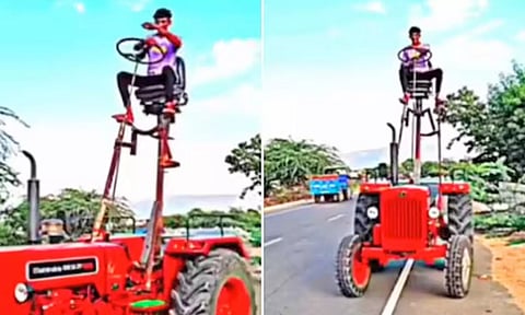 7 அடி உயர இருக்கையில் அமர்ந்து டிராக்டர் ஓட்டிய விவசாயி