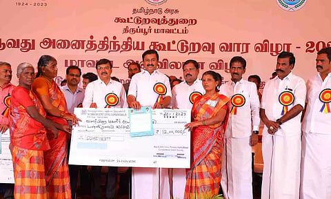 சுய உதவி குழுக்களுக்கு கடன் உதவிகளை அமைச்சர் மு.பெ.சாமிநாதன் வழங்கிய காட்சி.