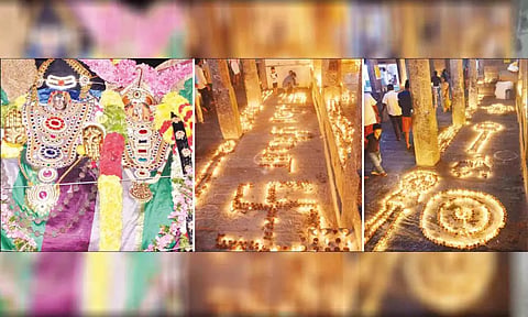  சுவாமி சிறப்பு அலங்காரத்தில் அருள்பாலித்ததையும், கோவிலில் தீபம் ஏற்றப்பட்டு உள்ளதையும் படத்தில் காணலாம்.